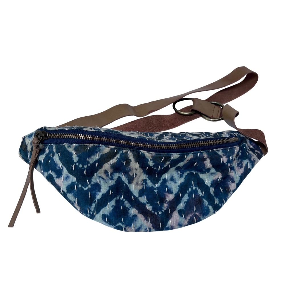 ANABAGLISH Boho Kantha Stitch Belt Bag Fanny‎ Pack Blue Print Leather Strap